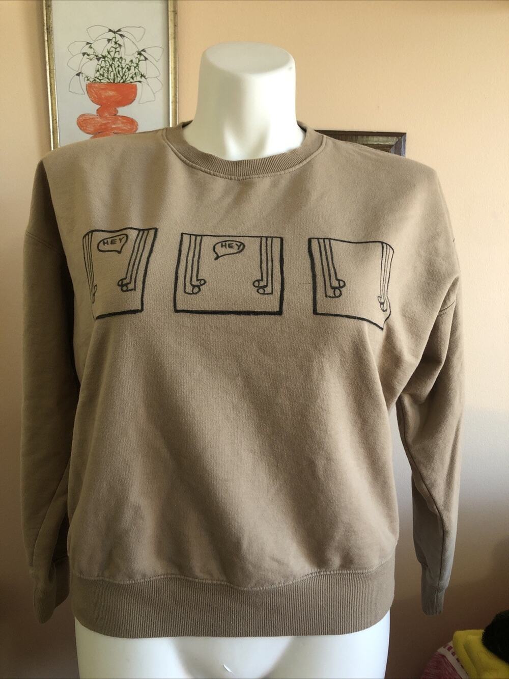 OOAK Cartoon Handpainted Funny Pullover Sweatshirt Fleece Large Tan